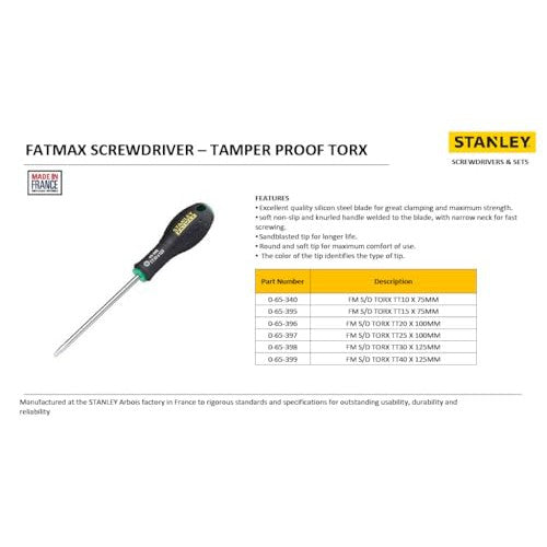 Stanley FatMax Schraubendreher Torx, TT10, 75mm Schwertlänge, Chrom-Vanadium, ergonomischer SoftGrip Handgr