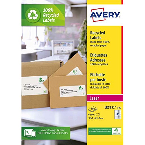 Avery LR7160-100 Recycled Address Labels (A4 Sheets of 63.5 x 38.1 mm, 21 Labels Per Sheet, 100 Sheets) - White