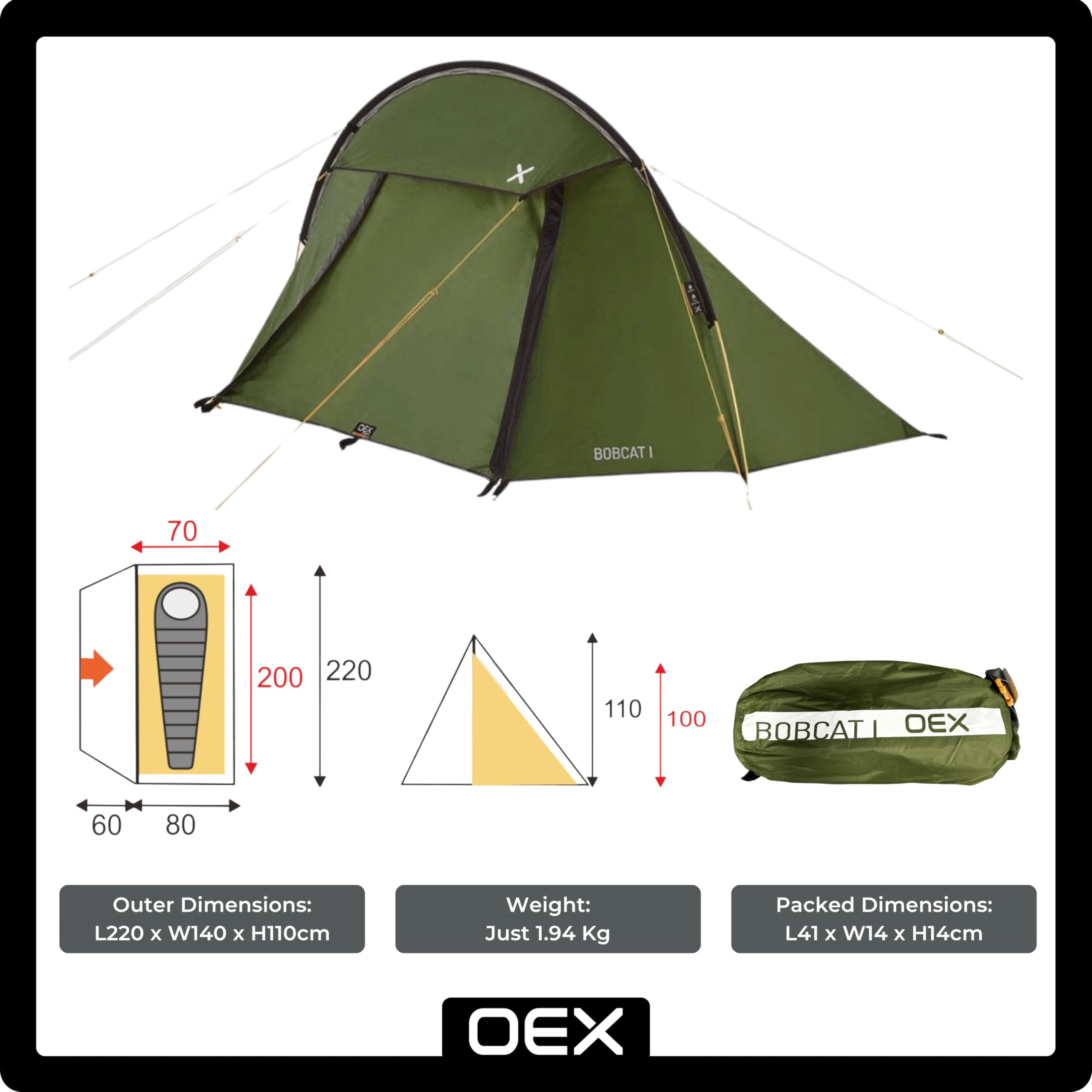 OEX Bobcat Tent for 1 Person for Harsh Weather Conditions, 1 Man, Compact, Ultra Lightweight, Sturdy, Easy to Pitch, Expeditions, Backpacking, Hiking, Wild Camping, Bike Tours, 5000mm HH, Green