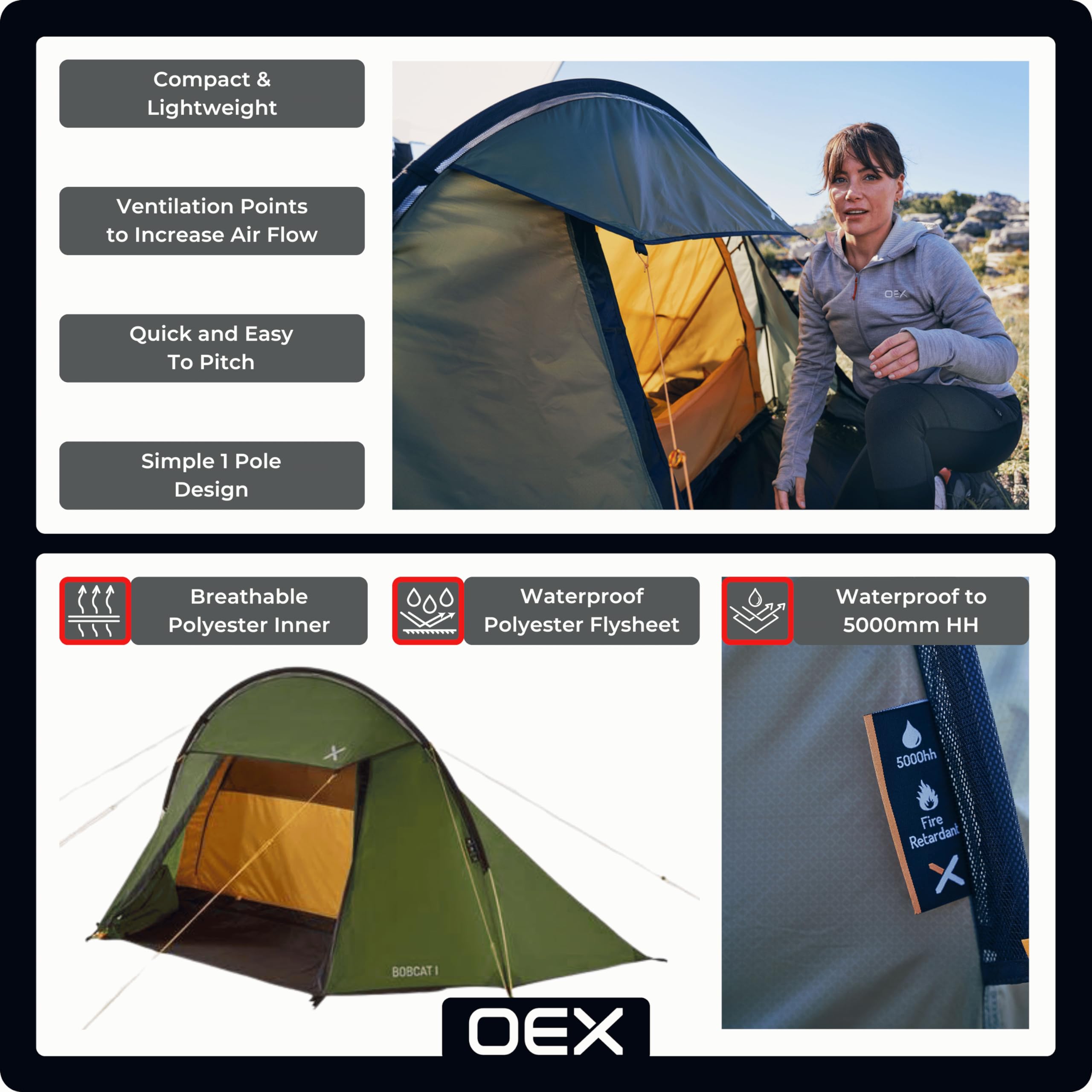 OEX Bobcat Tent for 1 Person for Harsh Weather Conditions, 1 Man, Compact, Ultra Lightweight, Sturdy, Easy to Pitch, Expeditions, Backpacking, Hiking, Wild Camping, Bike Tours, 5000mm HH, Green