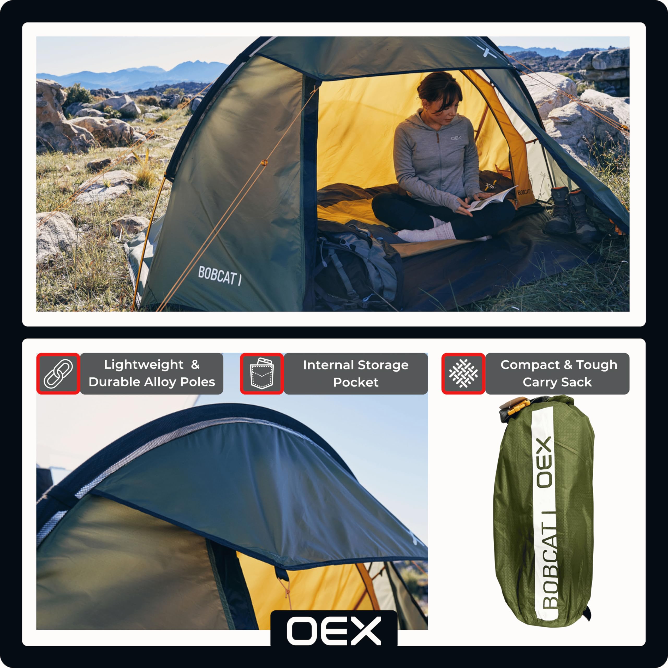 OEX Bobcat Tent for 1 Person for Harsh Weather Conditions, 1 Man, Compact, Ultra Lightweight, Sturdy, Easy to Pitch, Expeditions, Backpacking, Hiking, Wild Camping, Bike Tours, 5000mm HH, Green