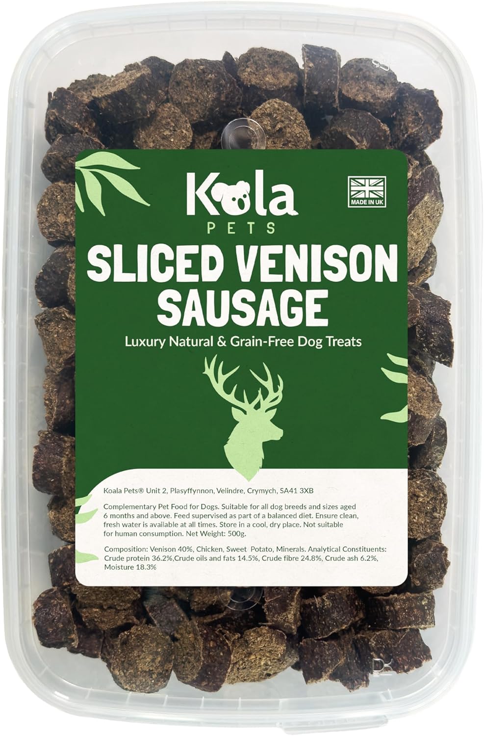 Sliced Venison Sausages Dog Treats – Luxury Natural & Grain Free Dog Treats, Puppy Training Treats, High Protein Venison Treats for Large & Medium Dogs, 500g Pack