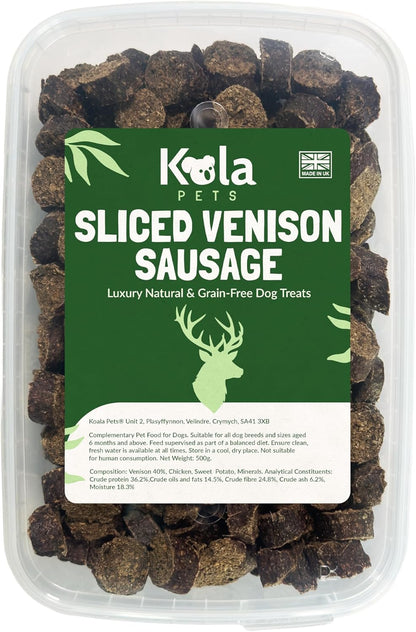 Sliced Venison Sausages Dog Treats – Luxury Natural & Grain Free Dog Treats, Puppy Training Treats, High Protein Venison Treats for Large & Medium Dogs, 500g Pack