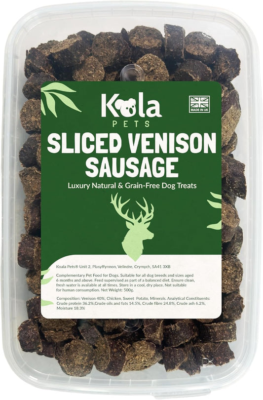 Sliced Venison Sausages Dog Treats – Luxury Natural & Grain Free Dog Treats, Puppy Training Treats, High Protein Venison Treats for Large & Medium Dogs, 500g Pack