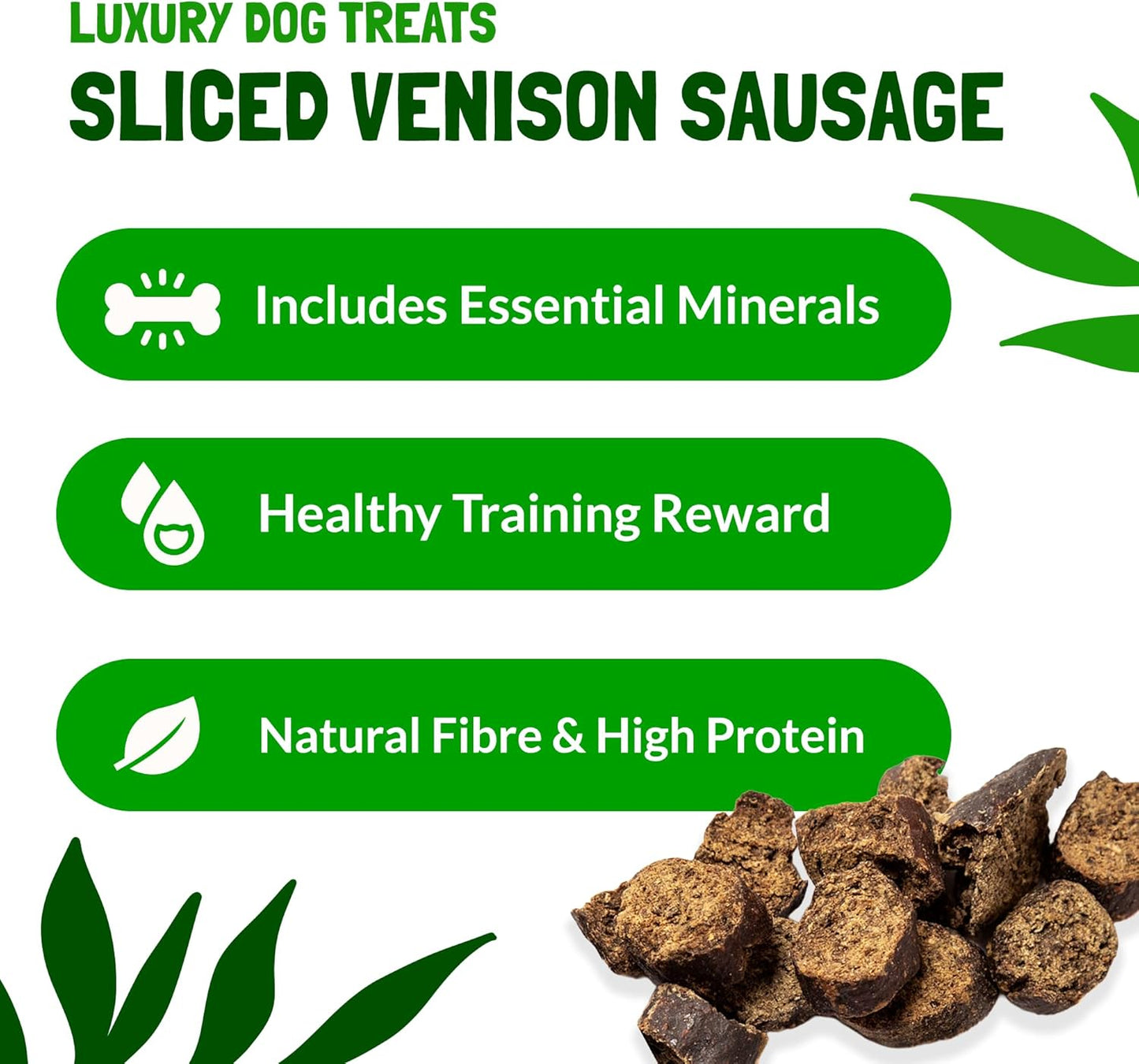 Sliced Venison Sausages Dog Treats – Luxury Natural & Grain Free Dog Treats, Puppy Training Treats, High Protein Venison Treats for Large & Medium Dogs, 500g Pack