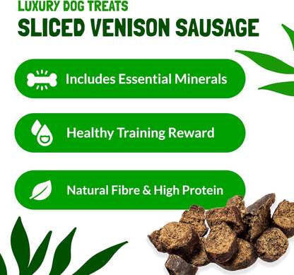 Sliced Venison Sausages Dog Treats – Luxury Natural & Grain Free Dog Treats, Puppy Training Treats, High Protein Venison Treats for Large & Medium Dogs, 500g Pack