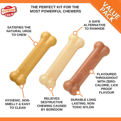 Nylabone Extreme Tough Dog Chew Toy Bones, Peanut Butter, Chicken, Bacon Flavoured, 3-Piece, Small, For Dogs Up To 11 kg