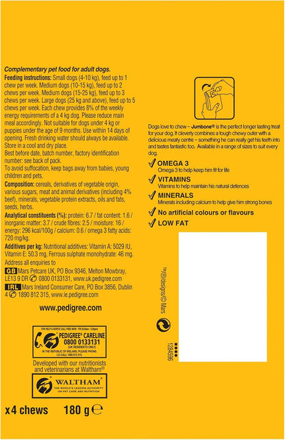 Pedigree Jumbone Dog Treats for Small Dogs from 5-10 kg with Beef, 8 Bags (8 x 180 g/Total of 32 Chews)