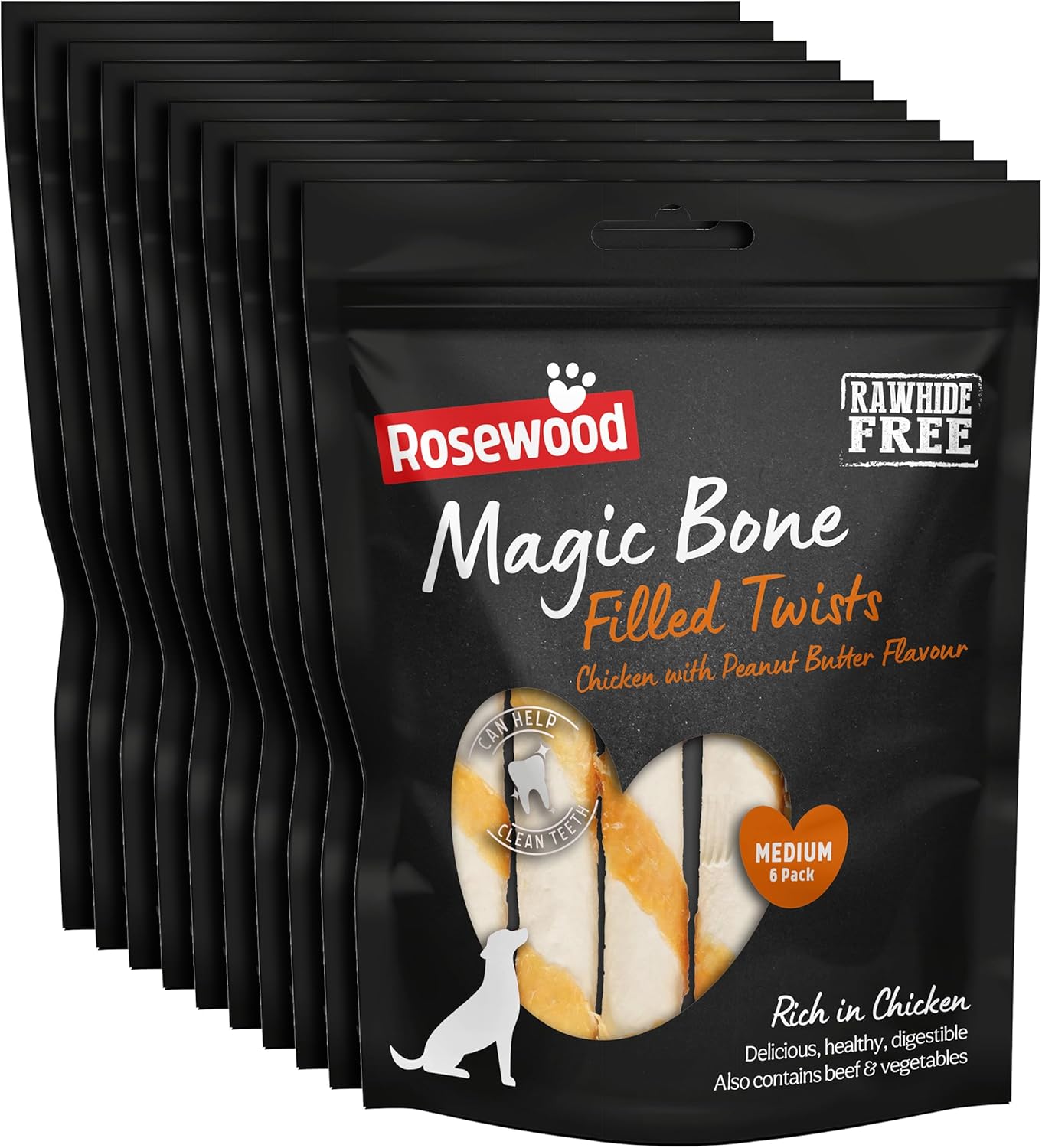 Rosewood Magic Bone Filled Twists for Dogs - Chicken and Peanut Butter Flavour Dog Treats, Rawhide Free, Medium Sized Dog Chews for Small, Medium and Large Dogs, 6pc (Case of 10 x 195g)