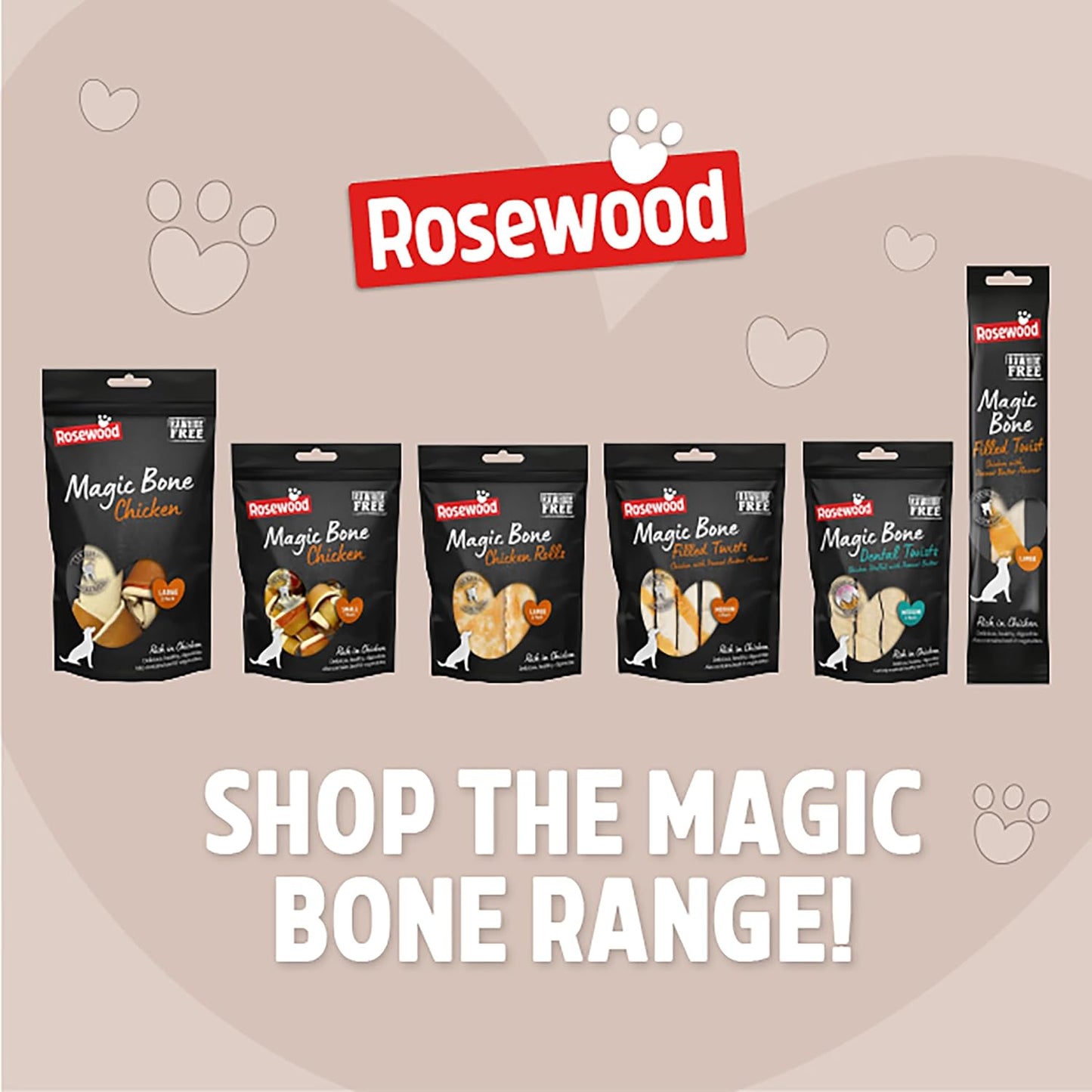 Rosewood Magic Bone Filled Twists for Dogs - Chicken and Peanut Butter Flavour Dog Treats, Rawhide Free, Medium Sized Dog Chews for Small, Medium and Large Dogs, 6pc (Case of 10 x 195g)